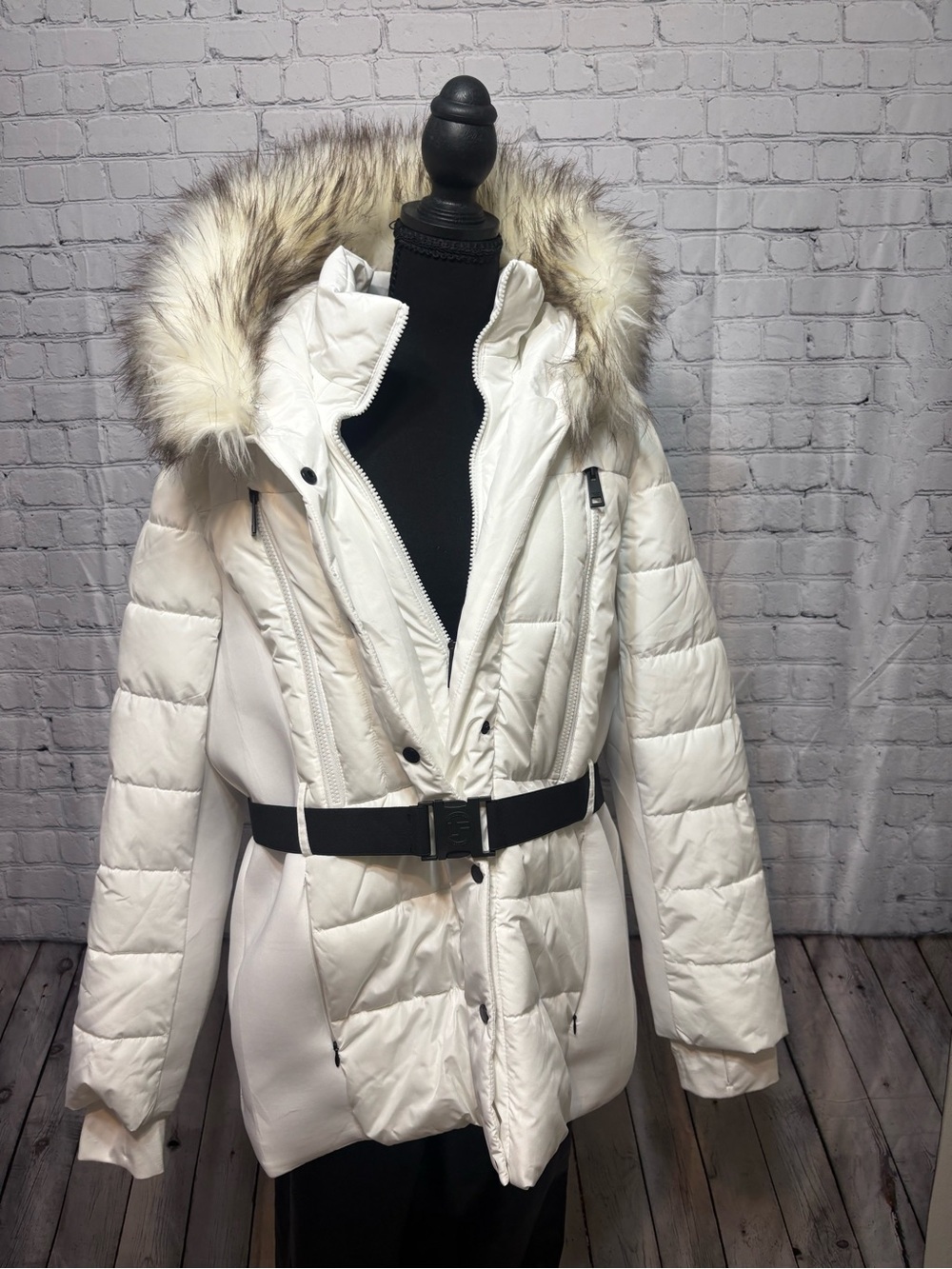 London Fog White Puffer Coat with Faux Fur Trim and Belt